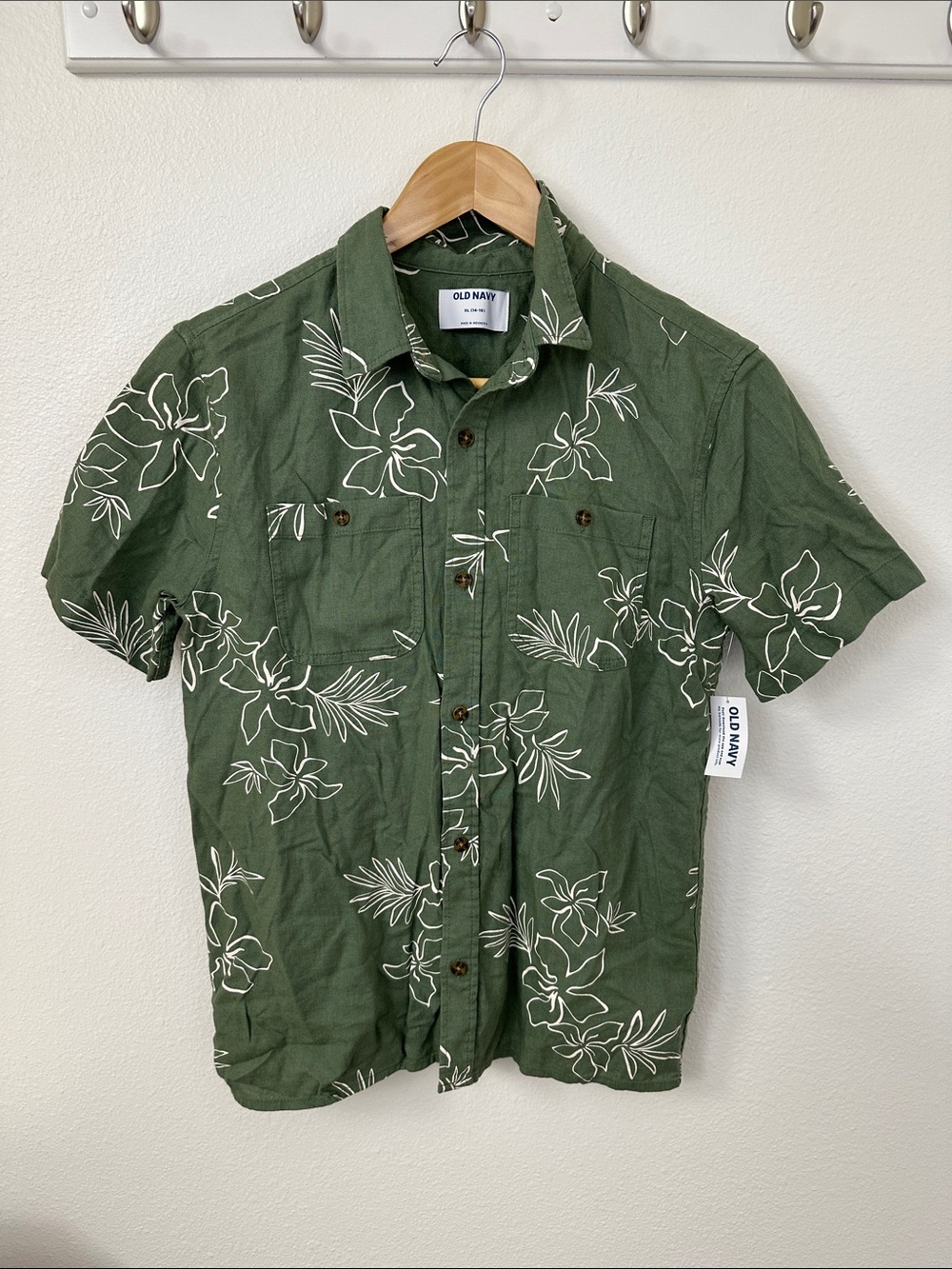 Old Navy Size XL, 14-16 Boys Linen Print, Olive Floral Button Down Shirt, Top